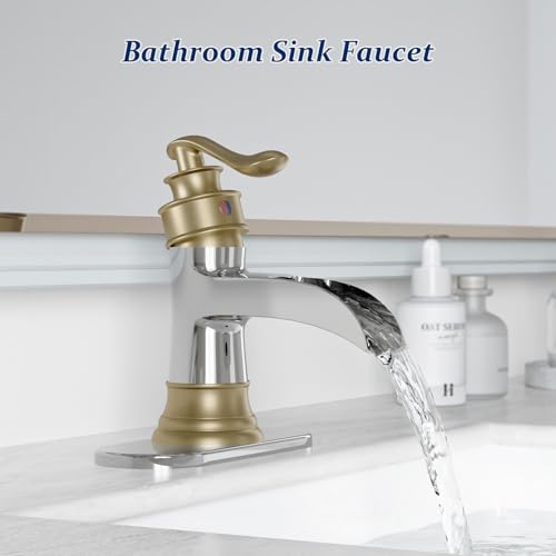 BWE Brass Waterfall Bathroom Faucet, Brushed Gold & Chrome for Modren Style | Wide Waterfall Spout, Ceramic Cartridge, Fits 1 or 3-Hole Sink, Single Handle, Hardware Kit Included, Not for Vessel Sink - color: Chrome & Gold
