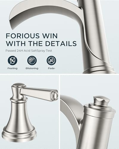 FORIOUS Brushed Nickel Bathroom Faucet Waterfall 3 Hole, 8 in Spread Faucet | Widespread Polished Nickel Faucet Bathroom 3 Hole for 4"-12" Sinks, Silver Bathroom Sink Faucet 3 Hole Vanity and Metal Drain - color: Brushed Silver
