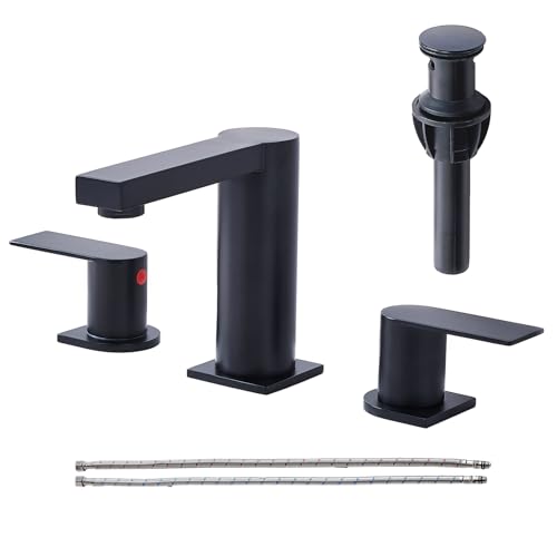 Bathroom Faucet Black 3 Hole, Matte Black Widespread Bathroom Faucet, 2-Handle 8-Inch Center Mount Bathroom Sink Faucet with Hose and Pop-Up Drain for RV Bath Vanity Lavatory, VAL079BRH - color: Matt Black