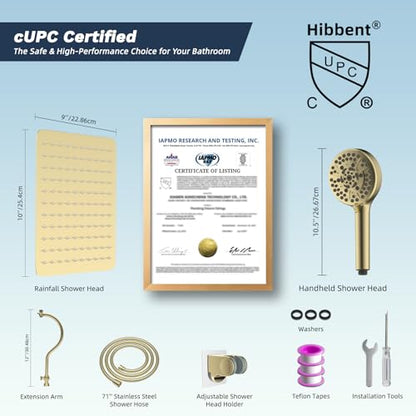 Hibbent All Metal CUPC Certified Shower Head, 10'' High Pressure Rainfall Shower Head, Handheld Showerhead Combo, 12'' Adjustable Extension Arm, 10 Sprays, 71'' Hose, Shower Holder, Brushed Gold - color: Brushed Gold, style: Square 10''