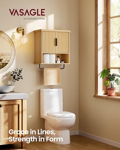 VASAGLE MAXE Collection - Bathroom Cabinet Wall Mounted, Over Toilet Hanging Cabinet with Adjustable Shelf, Towel Bar, Fluted Doors, 7.9 x 17.7 x 24 Inches, Transitional, Oak Beige UBBK137Y01S - color: Oak Beige, style: 2Doors（24"H）