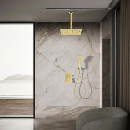 Shower System 12IN Modern Rain Brass Faucet Set With Valve and Diverter Shower Mixer With Handheld High Pressure Square Rainfall Shower Valve (12'' Ceiling Mount, Brushed Gold) - color: Brushed Gold, style: 12'' Ceiling Mount