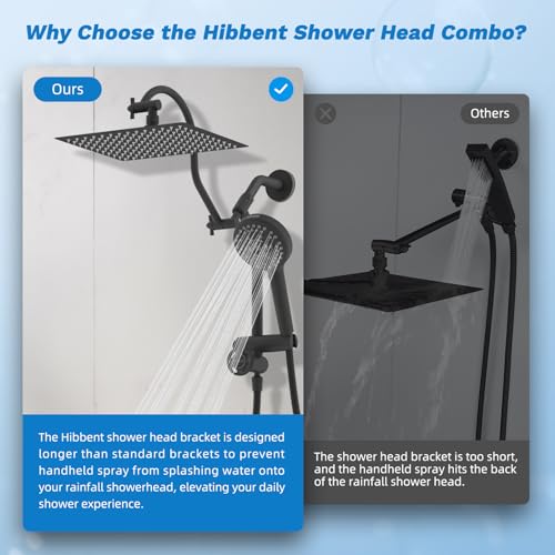 Hibbent High Pressue All Metal 12" Rainfall Shower Head, Handheld 10-Spray | cUPC Certified Matte Black Dual Showerhead Combo, 4-way Diverter with Pause Mode, Brass Extension Arm, 71'' Hose & Holder - color: Matte Black, style: Square 12"