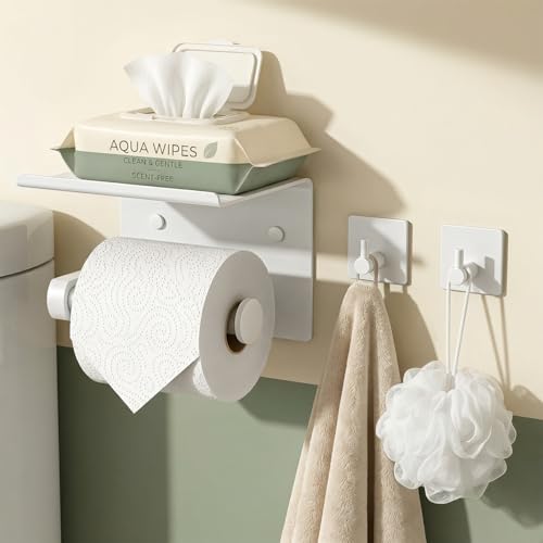 Tindbea Toilet Paper Holder with Phone Shelf + Towel Robe Hooks, Adhesive or Screw Wall Mounted Toilet Paper Roll Storage Dispenser, Stainless Steel Bathroom Tissue Roll Holder (White) - color: White, size: Regular