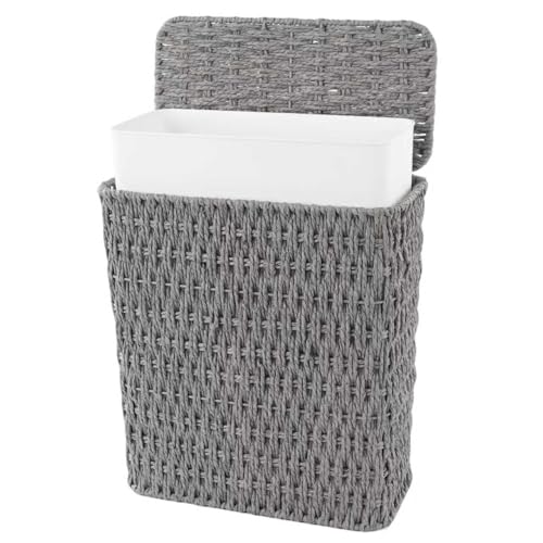 Coeusy 3 Gallon Paper Rope Bathroom Trash Can,Small Wicker Trash Cans with Lid and Liner,Woven Rattan Narrow Waste Basket for Bedroom,Office,Grey - color: Grey