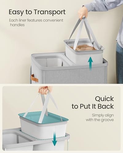 SONGMICS Laundry Basket, 44.9 Gal. Laundry Hamper, 2 Compartments, Easy Assembly, with Lid and Handles, Removable Inner Bags, 22 x 15.7 x 29.5 Inches, Dove Gray ULCB813G01 - color: Dove Gray, size: 170 L (2-Section)