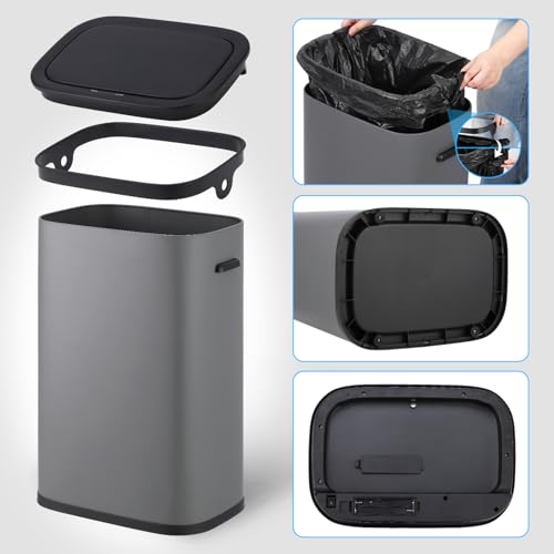 14.5 Gal/55L Trash Can with Lid, Automatic Touchless Garbage Can with Soft-Close Lid & Handle, Stainless Steel Waste Basket Motion Sensor Trash Can for Kitchen, Bathroom,Grey(No Inner Bucket) - color: Grey