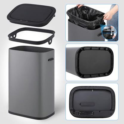 14.5 Gal/55L Trash Can with Lid, Automatic Touchless Garbage Can with Soft-Close Lid & Handle, Stainless Steel Waste Basket Motion Sensor Trash Can for Kitchen, Bathroom,Grey(No Inner Bucket) - color: Grey