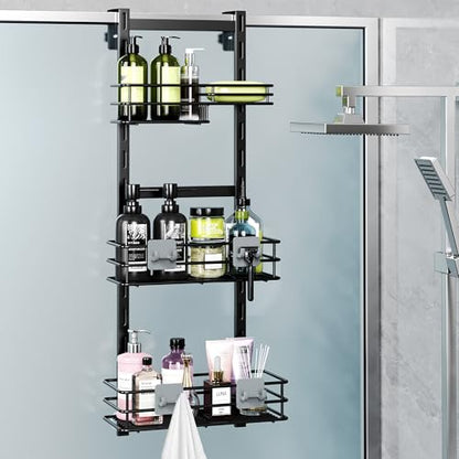 Orimade Over The Door Shower Caddy Adjustable 3 Tier Black,Bathroom Hanging Organizer Shelf Rustproof with 4 Hooks,Shower Basket with Soap Holder and Suction Cup - color: Black-3T