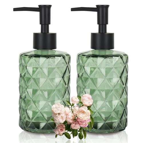 Clear Green Glass Soap Dispenser with Pump, 12oz Diamond Design Hand Soap Dispenser, Refillable Lotion Dispenser & Dish for Dishwashing Liquid, Shower Gel - color: Diamond Green