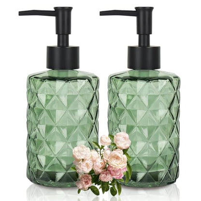 Clear Green Glass Soap Dispenser with Pump, 12oz Diamond Design Hand Soap Dispenser, Refillable Lotion Dispenser & Dish for Dishwashing Liquid, Shower Gel - color: Diamond Green