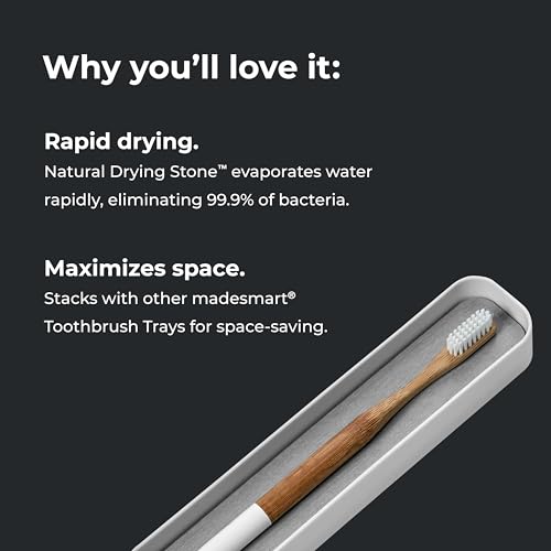 madesmart Drying Stone Toothbrush Tray, White | diatomite, fast drying surface, non slip feet, toothpaste floss, dental items, bathroom counter, woman owned - color: White