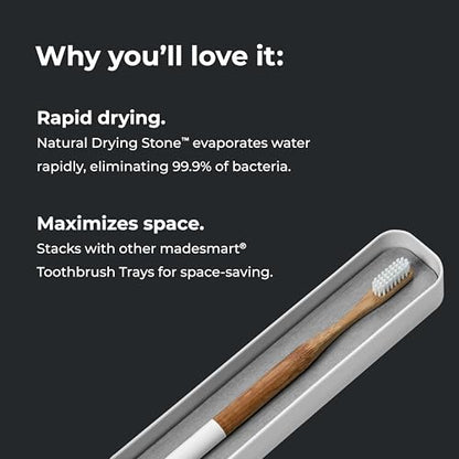 madesmart Drying Stone Toothbrush Tray, White | diatomite, fast drying surface, non slip feet, toothpaste floss, dental items, bathroom counter, woman owned - color: White