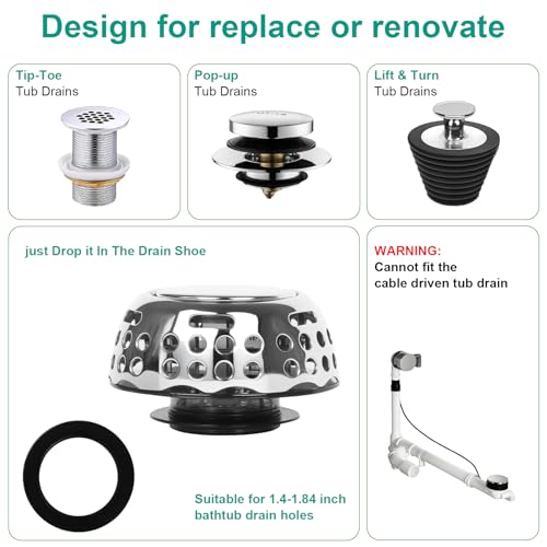 Bathtub Drain Stopper, Pop Up Tub Plug with Hair Catcher, Strainer | 1.5"-1.75" Bathtub Drain Hole, Pop Up Tub Plug, Hair Catcher, Removable Strainer, Bathroom Drain Replacement