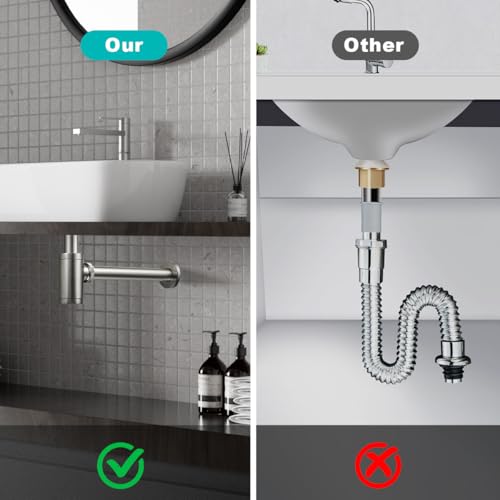 Bathroom Basin Sink Waste P-Trap Drain Kit, Adjustable Bottle Trap with Pop Up Drain Stopper with Overflow, Brushed Nickel