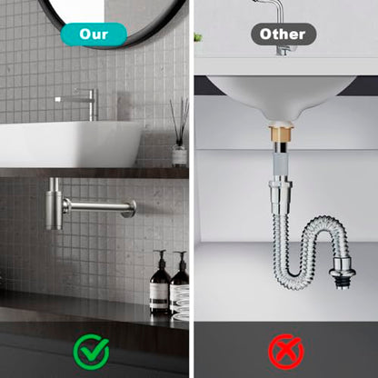 Bathroom Basin Sink Waste P-Trap Drain Kit, Adjustable Bottle Trap with Pop Up Drain Stopper with Overflow, Brushed Nickel