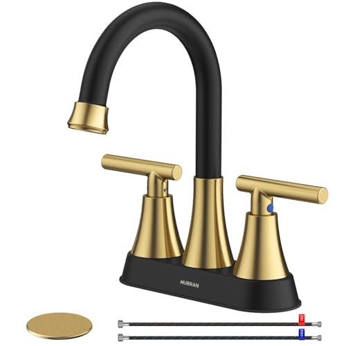 Bathroom Faucet, Hurran 4 inch Centerset 2-Handle Lead-Free, Black&Gold | Bathroom Sink Faucet with Pop-up Drain and Supply Lines, Stainless Steel Faucet for Vanity RV Restroom Laundry Outdoor Sink - color: Black& Gold