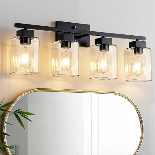4-Light Bathroom Light Fixtures, Matte Black Modern Vanity Lights, Bathroom Lighting Fixtures Over Mirror, Square Design Farmhouse Wall Sconces with Clear Glass Shades - color: Matte Black, size: 4-Light