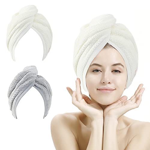 M-bestl 2 Pack Hair Towel Wrap,Absobent Hair Drying Towel with Buttons, Microfiber Hair Towel Wrap to Dry Hair Quickly (Beige&Gray) - color: Beige&gray