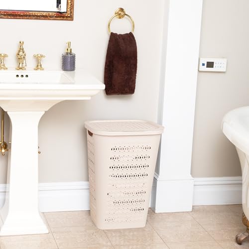 Mind Reader Slim Tapered Laundry Hampers with Lid, Clothes Basket with Swiss Cross Cut-Outs, Lightweight & Ventilated, Plastic, Set of 2, Ivory - color: Ivory