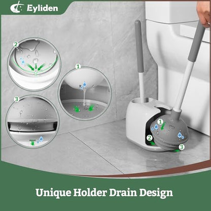 Eyliden Toilet Plunger & Brush Set, 3-Step Suction Cup, Compact Caddy | Space-Saving Toilet Deep Cleaning Combo with Holder, Ultra-Tight Seal, Durable, Nylon Bristles, Bathroom Essentials