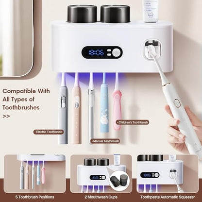Toothbrush Holder with UV Sanitizer and Toothpaste Dispenser, Timer Display with Wall Mounted Smart Toothbrush Organizer for Bathroom, with 2 Cups and Automatic Sterilization Function, White