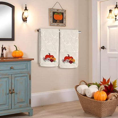 2 Pack Fall Hand Towel Jacquard Embroidered Cotton Kitchen Towels Farmhours Thankful Bath Towels Set Thanksgiving Bathroom Decor (Beige Pumpkin, 2*Hand Towel) - color: Beige Pumpkin