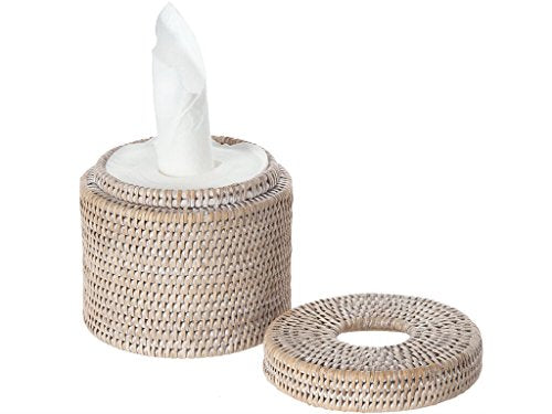 KOUBOO La Jolla Rattan Toilet Paper Holder with Lid, White Wash, Bathroom | Handwoven natural texture, freestanding design, concealed roll storage, easy-access opening, decorative bathroom accent