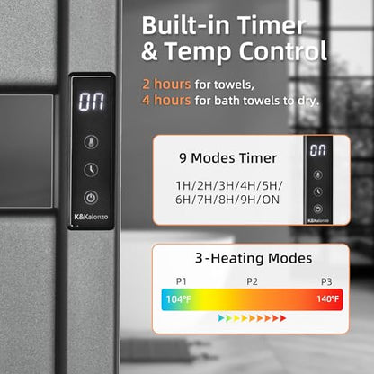 K&KALONZO Electric Heated Towel Rack, 2-Min Heat, Plug-in/Hardwired, H4-B | Wall Mounted, 10 Timers & 3 Heat Levels, 2H Rapid Dry, Anti-Scald, Aerospace Aluminum Towel Warmer for Bathroom, 4 Hooks, - color: Black, size: 4-Bar