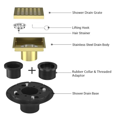 EXF Square Shower Drain 4-3/8 Inch Brushed Gold with ABS Flange | Stainless Steel, Anti-Clog, Removable Grid Grate and Hair Catcher, for Modern Bathroom Remodel Curbless Shower - color: Gold, size: 4IN