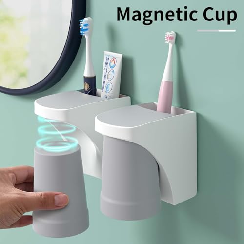 Magnetic Toothbrush Holder,Toothbrush Holder with Cup,Magnetic Suspensible Handstand Adsorption Toothbrush Cup Rack,Saving Bathroom Countertop Organizer (４ Cup