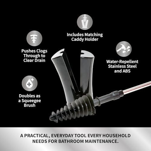 ToiletShroom Revolutionary Plunger, Squeegee, Clog Remover, Drain Cleaner, Bathroom Toilet Dredge Tool, Stainless Steel Handle with Caddy Holder, Оne Расk, Black