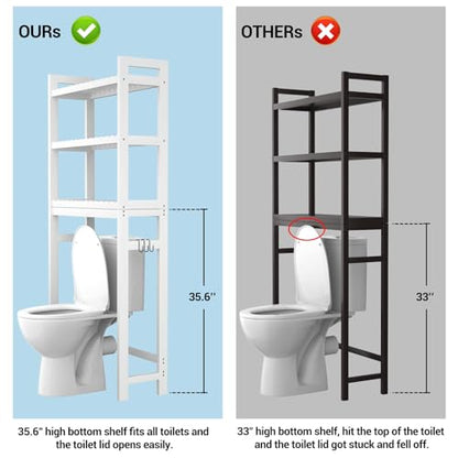Over The Toilet Storage, Bamboo Over Toilet Bathroom Organizer Rack, Freestanding Bathroom Shelves Above Toilet Storage with 3 Hooks, Bathroom Space Saver, No Rust, Easy to Assemble, White - color: White