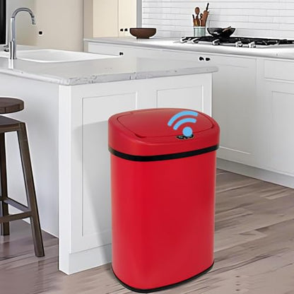 13 Gallon Stainless Steel Trash Can with Lid,Touch Free Automatic Kitchen Trash Can,Fingerprint-Resistant Soft Close Lid Garbage Can, 50L Large Capacity Garbage Can for Kitchen Home Office(Red) - color: Red