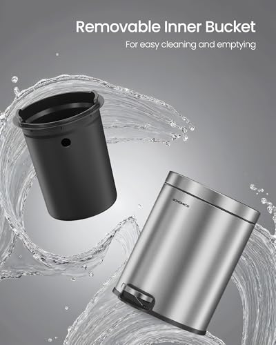 SONGMICS Bathroom Trash Can, 1.6 Gallon (6 L) Small Toilet Garbage Bin with Lid, Soft-Close, Stainless Steel, Pedal, Inner Bucket, Bedroom, Metallic Silver ULTB016EZ01 - color: Metallic Silver