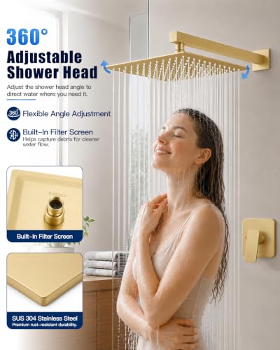 Heyalan 12 Inch Square Rain Shower Faucet Set with Valve, Brushed Gold | Female-thread 1/2-inch NPT connections, SUS304 shower head, brass rough-in valve, single-handle control Shower Set - color: Gold, size: 12 Inch Square Shower Head