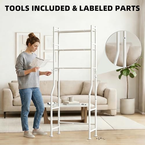 GloTika 3-Tier Over Toilet Storage, Anti-Tilt, 64" H, White | Anti-Tilt Safety System, 150lb Capacity, Carbon Steel, Freestanding, No Drilling, Anti-Rust Coating, Paper Holder & 4 Hooks - color: White, size: 3-Tier