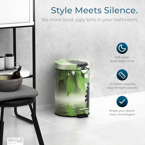 Sanilo Small Bathroom Trash Can with Lid [1.3 Gallon] - Lidded Tiny Trashcan for Garbage - Mini Metal Bin with Soft Closing Mechanism - Bath Room Accessoire Wastebin with Inner Bucket (Harmony) - color: Harmony