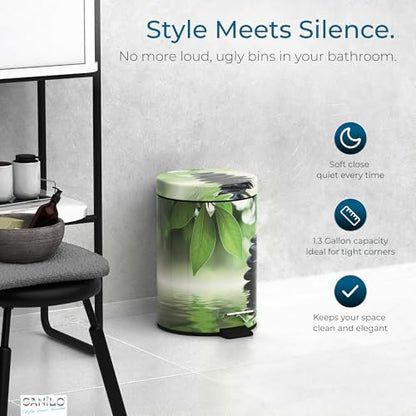 Sanilo Small Bathroom Trash Can with Lid [1.3 Gallon] - Lidded Tiny Trashcan for Garbage - Mini Metal Bin with Soft Closing Mechanism - Bath Room Accessoire Wastebin with Inner Bucket (Harmony) - color: Harmony