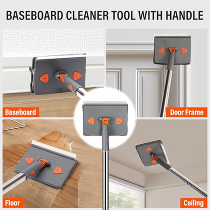 86" Baseboard Cleaner Tool with Handle,Wall Cleaner Tool with Long Handle, Ceiling Mop with Squeegee,Triangle Mop with 8 Replacement Pads for Baseboards Cleaning, Ceiling, Wall, Floor, Shower