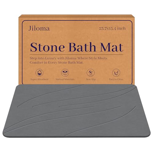 Jiloma Stone Bath Mat Diatomaceous Earth Shower Mat Non-Slip Super Absorbent Bathroom Floor Mat Quick Drying Natural Easy to Clean(24 * 16 Grey)