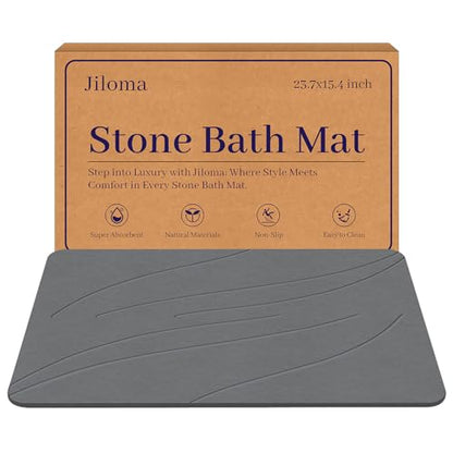 Jiloma Stone Bath Mat Diatomaceous Earth Shower Mat Non-Slip Super Absorbent Bathroom Floor Mat Quick Drying Natural Easy to Clean(24 * 16 Grey)