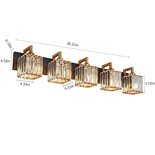 Modern Bathroom Vanity Light 5-Lights Black Gold Crystal Wall Lamp Bathroom Modern Crystal Vanity Lighting - color: Black+Gold Crooked, size: 5-light