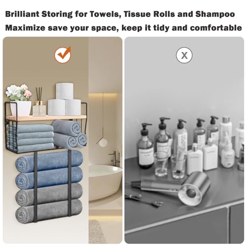 Livabber Towel Racks for Bathroom, Metal Towel Storage Holder for Roll Towels, Wall Mounted Towel Organizer with Storage Basket and Wooden Shelf for Small Spaces (Black)