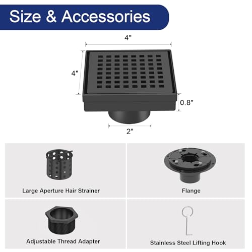4 Inch Matte Black Square Shower Drain with Removable Grate | AISI 304 Stainless Steel Shower Drain, Floor Drain with Hair Catcher & ABS Flange, Fits Bathroom & Balcony etc - color: Matte Black, size: 4 in