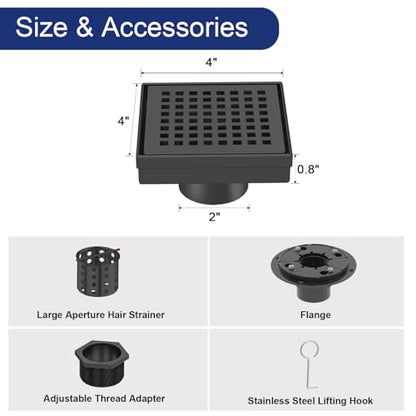 4 Inch Matte Black Square Shower Drain with Removable Grate | AISI 304 Stainless Steel Shower Drain, Floor Drain with Hair Catcher & ABS Flange, Fits Bathroom & Balcony etc - color: Matte Black, size: 4 in