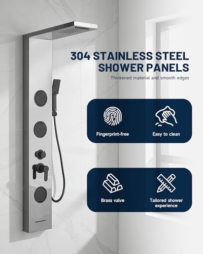 5 In 1 Shower Panel Brushed Nickel Shower Tower System | with Rainfall Waterfall Shower Head 3 Body Jets Handheld Shower Head and Tub Spout Modern Massage by Homevacious - color: Brushed Nickel