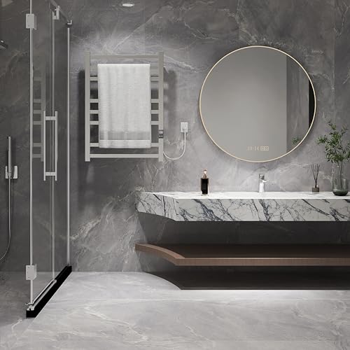 8-Bar Towel Warmer Rack, Polished Stainless Steel | Polished 304 stainless steel, LED display, 115-155°F temp control, 1-24H timer, plug-in or hardwired install - color: Polished