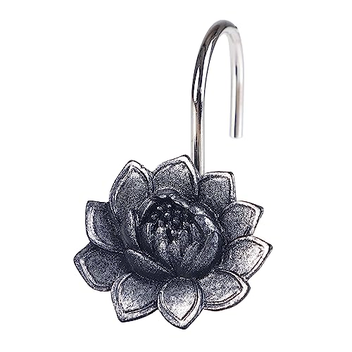 Twofish Home Black Flower Shower Curtain Hooks Anti Rust Shower Curtain Hooks Decorative Resin Black Flower Shower Curtain Rings Set of 12 - color: Black Flower