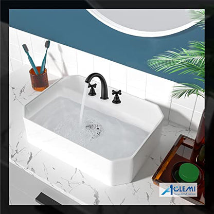 Widespread Bathroom Faucet 3 Hole Sink Faucet 8 Inch Two Cross Handles Solid Brass Deck Mount Pop Up Drain Assembly Included Curved Spout Matte Black - color: Matte Black